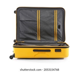 Open suitcase on white background