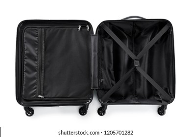 Open Suitcase For Travelling On White Background, Top View