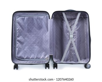 Open suitcase for travelling on white background, top view
