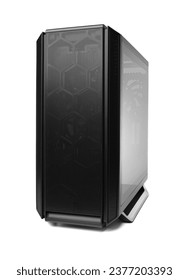 Open system unit case with fans of a personal computer on a white background.