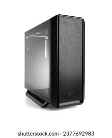 Open system unit case with fans of a personal computer on a white background.