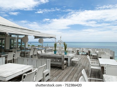 The Open Terrace Of An Empty Restaurant With A View To Caribbean Sea (Nassau, Bahamas).