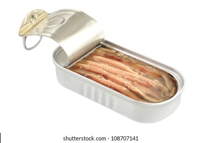 Open Tin Can Of Anchovy Fillets Isolated On White