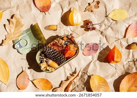 Open tin can filled with pine cones, autumn leaves, acorns and physalis on background of craft paper. Fall background.