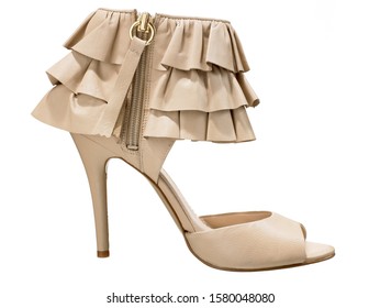 Open Toe Nude Heel With Ankle Cuff And Layered Ruffle Decal Side View