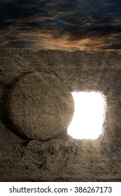 Open Tomb Of Jesus With Light Coming Out Of Opening