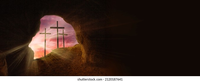 Open Tomb At Sunrise With Grave Clothes And Three Crosses - Resurrection Of Jesus Christ