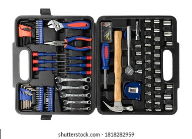 Open tool box isolated. Set of mechanical tools in the case, suitcase or tool kit top view. Black toolbox with repair tool collection, garage instruments