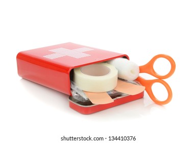 An Open Travel First Aid Kit Lying On A White Background