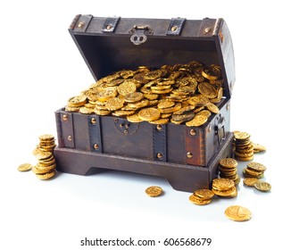 Open treasure chest filled with gold coins isolated on white - Shutterstock ID 606568679
