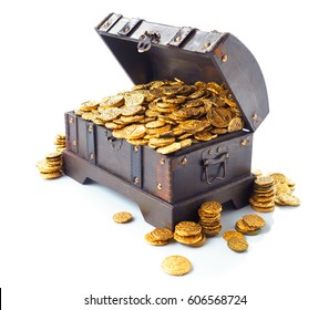 Open treasure chest filled with gold coins isolated on white