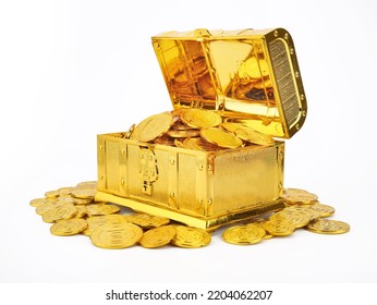 Open treasure chest with gold coins isolated on white - Powered by Shutterstock