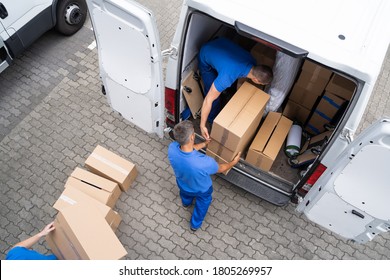 Open Truck Delivery. Mover Men Moving Boxes