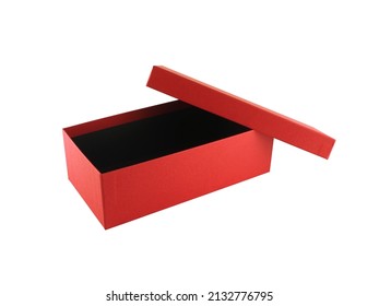 Open Unbranded Red Shoe Box Isolated On White Background, Closeup Empty Rectangle Shaped Cardboard Box With Black Paper Inside For Shoes Storage