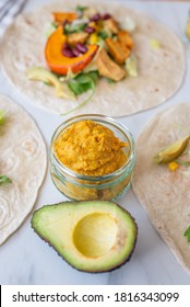 Open Vegan Tortilla Wraps With Sweet Potato, Beans, Avocado And Pumpkin