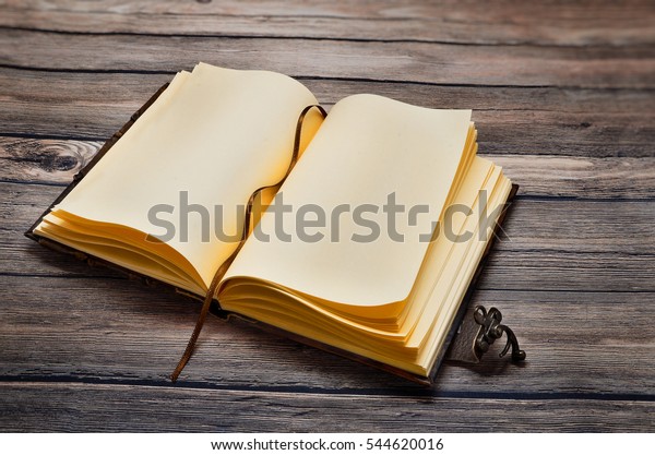 Download Open Vintage Notebook On Old Wooden Stock Photo Edit Now 544620016