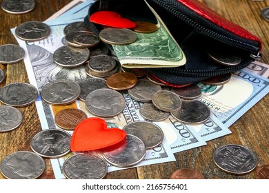 Open Wallet With Us Coins, American Dollars Banknotes And Red Heart. Love For Money And Desire For Money, Saving Home Finance. Selective Focus. Close-up.