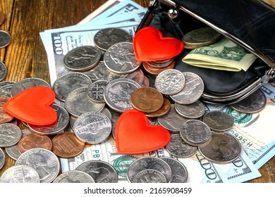 Open Wallet With Us Coins, American Dollars Banknotes And Red Heart. Love For Money And Desire For Money, Saving Home Finance. Selective Focus. Close-up.