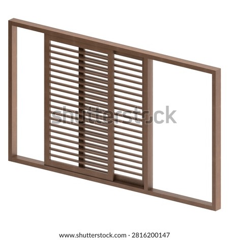 Open walnut sliding window with a movable louver panel, rich natural wood finish, and smooth track system, ideal for architectural renderings and interior visualization.
