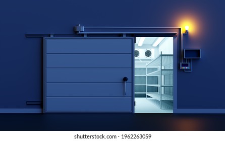 Open warehouse door. Freezing of products. Refrigeration room in stock products. Refrigeration equipment. Freezer with an automatic door. Storage of goods on warehouse shelves.