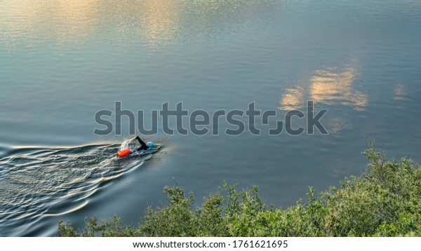 open water swimmer with a swim buoy on a calm\
lake, summer morning\
workout