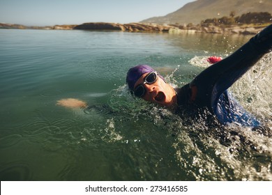 Open Water Swimming. Male Athlete Swimming In Lake. Triathlon Long Distance Swimming.