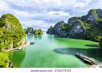An open water view of the dramatic Ha Long Bay, Vinh Ha Long, a UNESCO World Heritage site in Vietnam