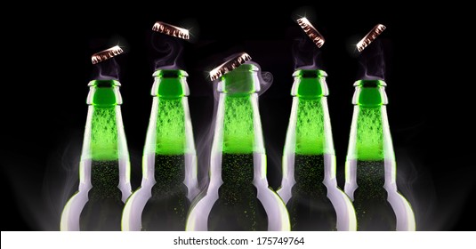 Open Wet Beer Bottle Isolated On Black