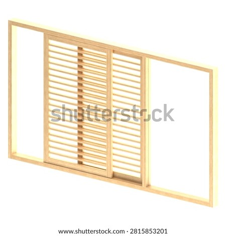 Open white ash sliding window with a movable louver panel, light natural wood finish, and smooth track system, ideal for architectural renderings and interior visualization.