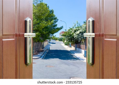 open white door with a view of the sky with the sun sky - Shutterstock ID 233135725