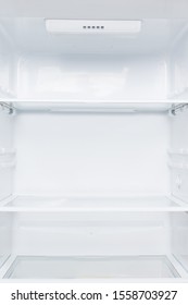 Open White Fridge With Shelves, Inside View, Close-up