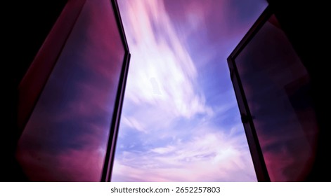 Open Window to a Dreamy Sky, Abstract View of Purple and Blue Clouds, Window to the Imagination