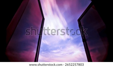 Open Window to a Dreamy Sky, Abstract View of Purple and Blue Clouds, Window to the Imagination