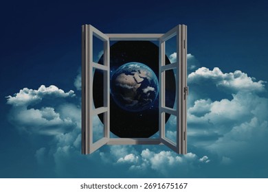 An open window frame floats in a cloudy sky, revealing the Earth in the vast expanse of space beyond.