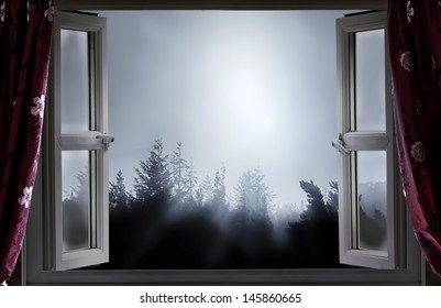 Open Window Onto Moonlight Night And Tree Tops