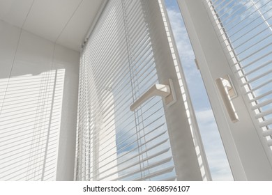 Open Window. PVC Plastic. Louver Blinds.