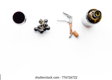 Open The Wine. Corkscrew Near Bottle, Glass, Grape On White Background Top View Copyspace