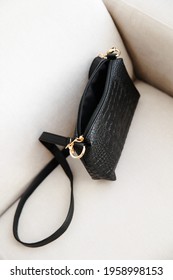 Open Women's Black Leather Shoulder Bag Top View