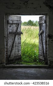 Open wood door in abandoned house. Green sunny meadow outside.
