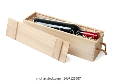 Open wooden crate with bottle of wine isolated on white