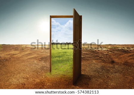 Open wooden door to the new world with green environment. Climate change concept. Foto stock © 