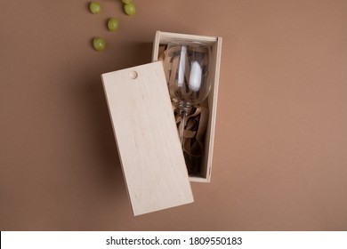 Open Wooden Mockup Box With Glass Of Wine