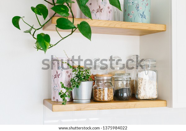 Open Wooden Shelves Kitchen Pantry View Stock Photo Edit Now