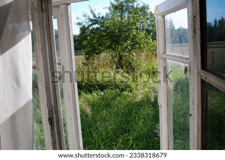          Open wooden window with white shutters in a country house                      
