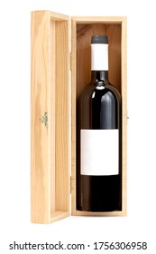 Open Wooden Wine Box With A Bottle Of Red Wine Inside Isolated On White Background With Clipping Path And Copy Space For Your Text