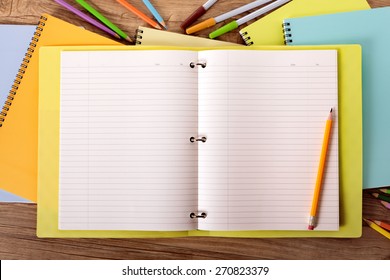 Open Writing Book On Student Desk, Pencil, Copy Space