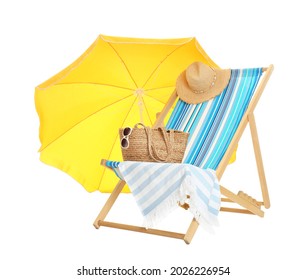 Open yellow beach umbrella, deck chair and accessories on white background - Powered by Shutterstock