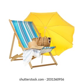 Open yellow beach umbrella, deck chair and accessories on white background - Powered by Shutterstock