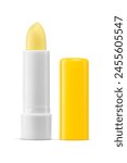 Open yellow lip balm isolated on white background. Colorless protective lipstick.