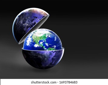 Open Up Your Eyes To The New World, New Future World Idea Concept, Earth In Dark Open Up To Show The Bright Day Earth Inside On Dark Background, Elements Of This Image Furnished By NASA,